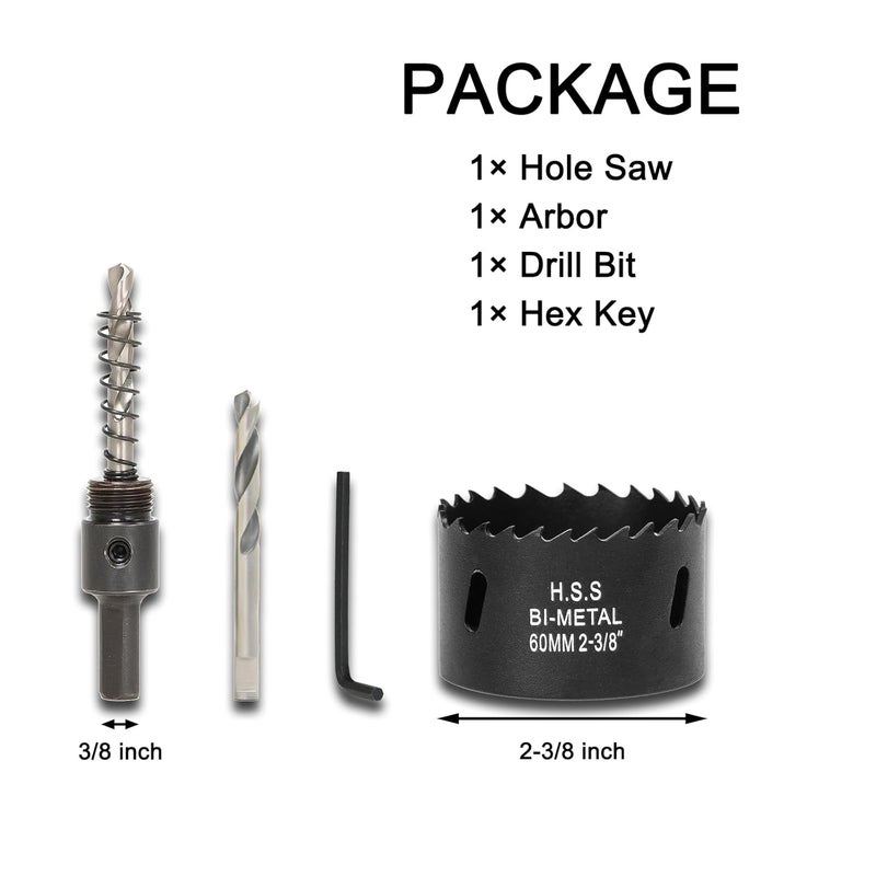 VIKITON 2-3/8 Inch Hole Saw with Arbor for Wood Metal Plastic, 2.3 in Bimetal Hole Cutter, Fast Chip Removal, Smooth Flat Drilling Edge, Lightweight & Portable (Black) - Image 2